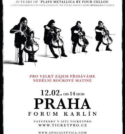 Finská APOCALYPTICA koncertuje v Praze již příští víkend.  V sobotu 11. a v neděli 12. února odehrají ve Foru Karlín hned tři koncerty